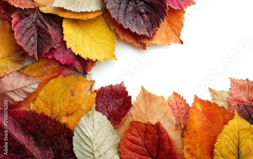 Fall leaves in vibrant colors like red, orange, and yellow form borders on a white background, suggesting autumn and seasonal transition