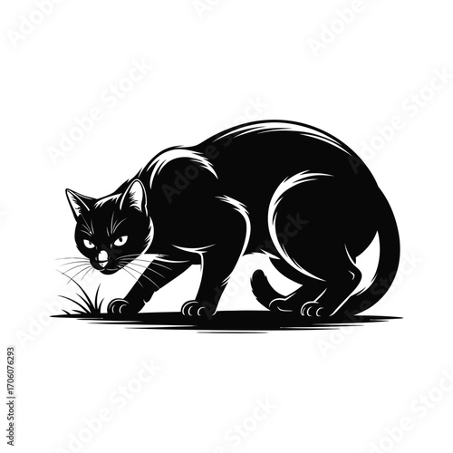 Prowling Black Cat Silhouette Illustration with Intense Gaze on White Background