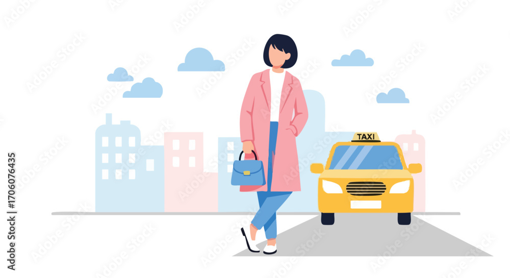 Obraz premium Stylish woman in a pink coat waiting for a yellow taxi cab on a city street.