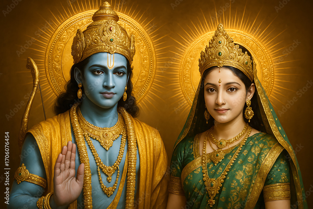 Fototapeta premium Lakshmi puja, a divine portrait of lord rama and goddess sita, radiating with a golden aura, with lord rama giving a blessing hand gesture
