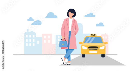 Stylish woman in a pink coat waiting for a yellow taxi cab on a city street.