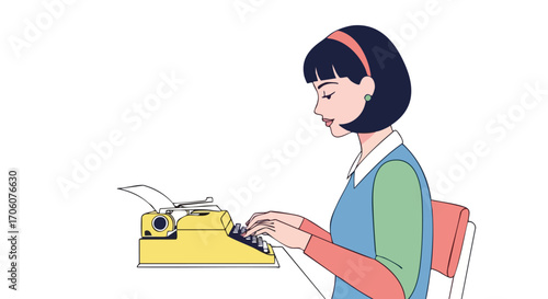 Stylish woman with a bob haircut in profile typing on a vintage yellow typewriter.