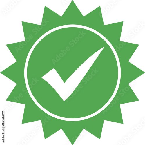 Green Starburst with Circle Border, White Check Mark Isolated on White Background