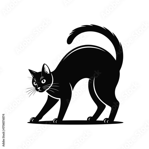 Arched Back Feline Silhouette Illustration A Black Cat Stretching with Raised Tail Design