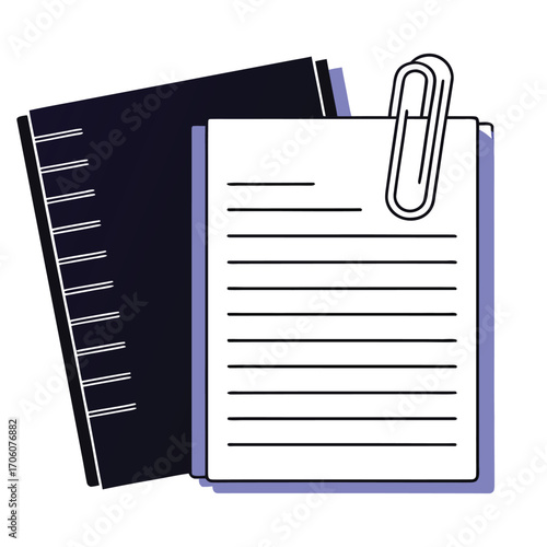 Vector art of document with text and a paperclip, next to a notebook, representing paperwork or office work