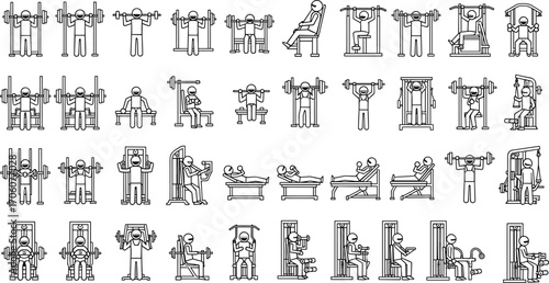Black and white vector illustration of diverse gym exercises, workout equipment, strength training, fitness activities, bodybuilding, and healthy active lifestyle concepts