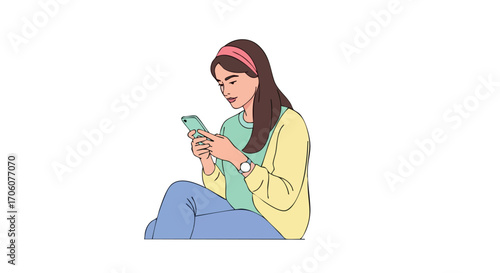 Stylish young woman with a pink headband sitting and using her mobile phone.