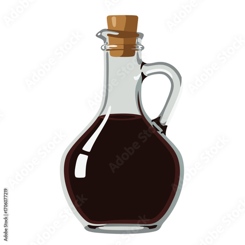 Balsamic vinegar in glass bottle with cork stopper, transparent background, isolated, vector