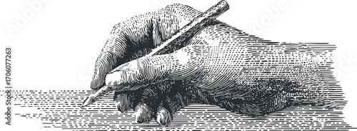 Vintage illustration of a hand writing with a pen on paper, showcasing artistic creativity.