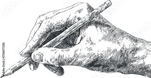 An artistic illustration of a hand holding a pencil ready for drawing or writing.