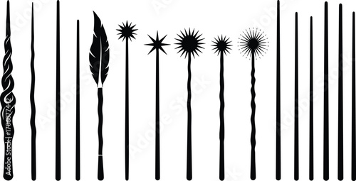 Black and white vector illustration of fifteen unique magic wand silhouettes with fantasy designs, wizardry elements, and decorative ornamental details