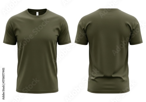 Blank olive green t-shirt mockup front and back view isolated on white background.