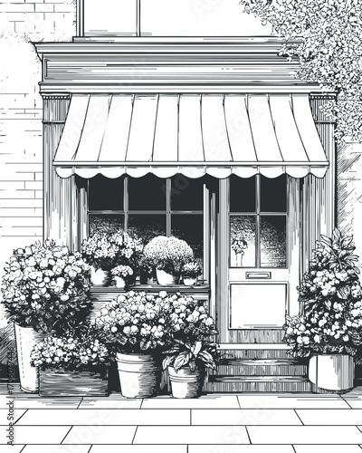 A charming storefront with a window display filled with vibrant flowers and plants.