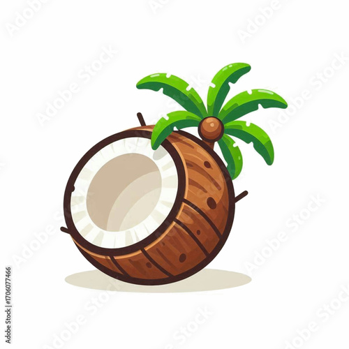 Cartoon Coconut with Palm Tree Tropical Fruit Illustration