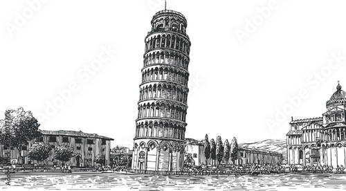 An artistic sketch of the Leaning Tower of Pisa in Italy showcasing its unique architecture.