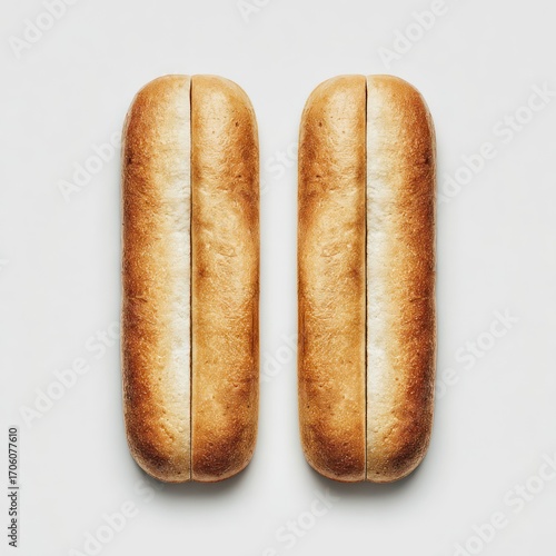 Two halved, golden-brown hot dog buns arranged vertically on a stark white background, exhibiting their textured surfaces and soft, open interiors