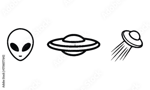Set of four minimalist UFO and alien icons including alien head, flying saucer silhouettes, and motion outline on black background