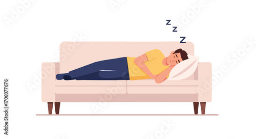 Tired young man in casual clothes sleeping soundly on a comfortable sofa taking a nap during the day.