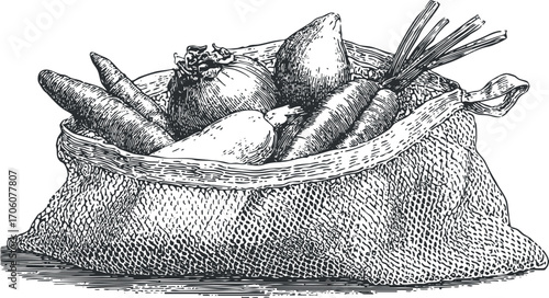 A hand-drawn illustration of a basket filled with fresh vegetables like carrots and onions.