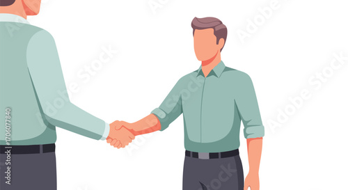 Two faceless businessmen in casual shirts shaking hands symbolizing a successful deal or partnership.