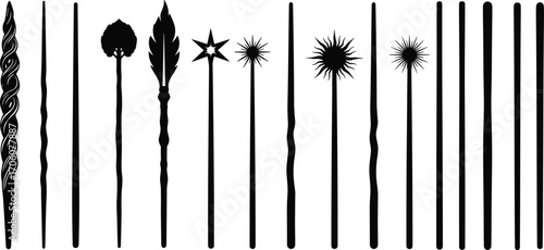 Black and white vector illustration of fifteen unique magic wand silhouettes with fantasy designs, wizardry elements, and decorative ornamental details