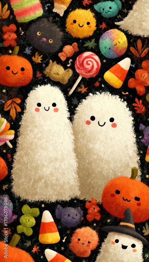 Obraz premium Whimsical Halloween Design with Fluffy Ghosts and Candy Elements