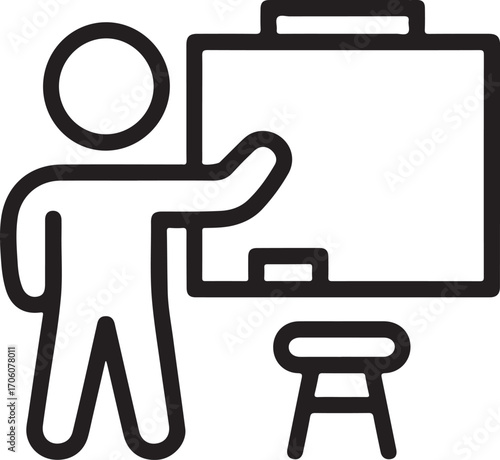 Teacher standing next to a whiteboard with a stool
