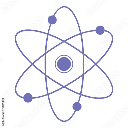 Vector art of a stylized atom model with a nucleus and orbiting electrons, symbolizing science, physics, and chemistry