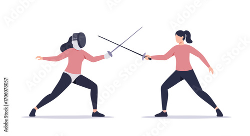 Two female fencers in a duel with swords minimalist vector illustration.