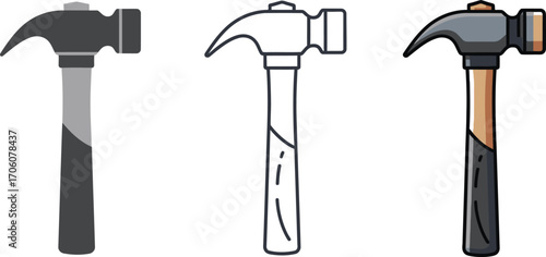 Hammer Collection Gray Solid Fill, Black Outline, Color Cartoon Hammer Icon Set