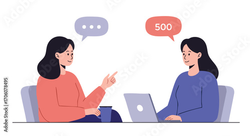 Two women having a conversation at a desk with a laptop and speech bubbles.