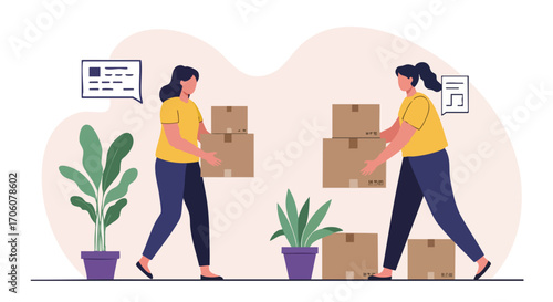 Two women in casual clothes carrying stacked cardboard boxes moving or relocating.
