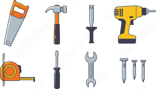 Hand Saw, Claw Hammer, Chisel, Drill, Tape Measure, Screwdriver, Wrench, Nails on White