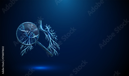 Blue 3d human bronchial tree with magnifying glass and DNA inside. Genetic research, molecular diagnostics, pulmonary disease analysis concept.