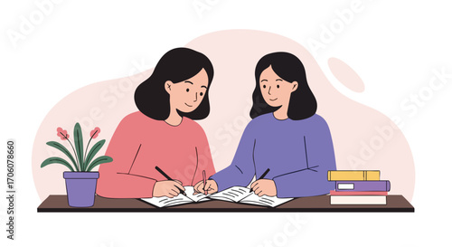 Two young women studying together at a desk writing in their notebooks with books and a plant nearby.