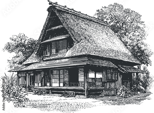 A detailed sketch of a traditional thatched roof house surrounded by nature.