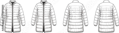 Puffer jacket mockup front and back views, insulated winter coat design, long quilted outerwear, warm casual fashion, unisex padded jacket template, cold weather clothing
