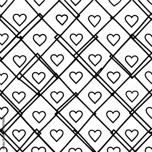 Black and white pattern featuring heart shapes enclosed within a geometric diamond grid arrangement design