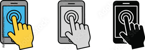 Hand Touching Screen, Set of Three Mobile Phone Variations with Transparent Background