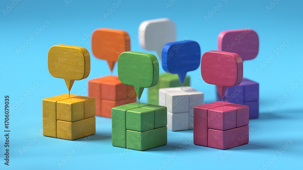 Fototapeta premium Colorful 3d abstract geometric shapes representing ideas and communication on a bright blue background