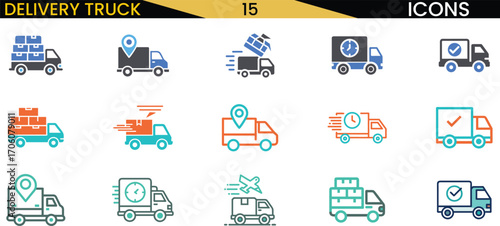 Collection of delivery truck icons expressing logistics shipping and freight services vector