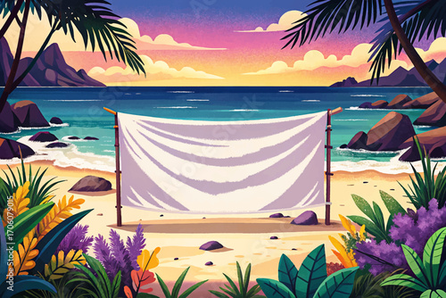 Flat white canvas banner in tropical beach shore, ocean horizon, sandy landscape, wilderness mockup, natural rustic background, solitude outdoor placement, creative design surface, dramatic scenic