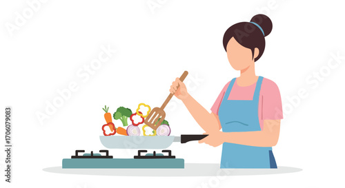 Vector illustration of a faceless woman in an apron cooking a healthy vegetable stirfry on a gas stove.