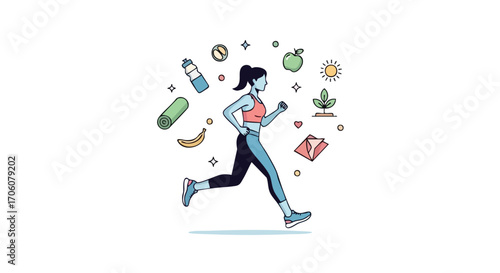Vector illustration of a fit woman jogging surrounded by symbols of health fitness and wellbeing.