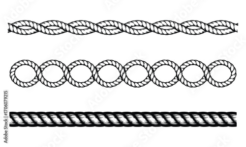Black and white illustration of three decorative rope borders in wavy and solid styles isolated on white background