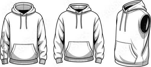 Set of blank white hoodies and sleeveless hoodie mockups, front and side views, unisex casual sweatshirt templates, fashion apparel, streetwear design, comfortable urban clothing