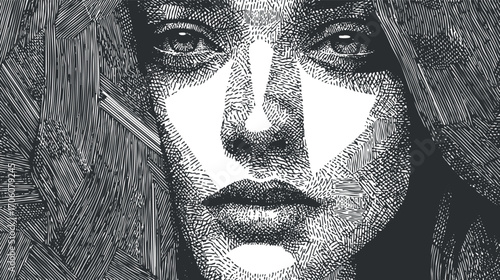 Stylized black and white line art portrait featuring an expressive female face with intricate details.