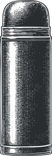 A detailed illustration of a classic thermos designed for keeping beverages hot or cold.