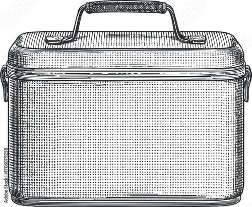 A detailed sketch of a portable insulated cooler for food and beverages.
