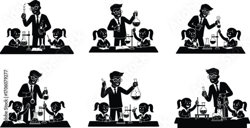 Science teacher with kids, classroom chemistry experiments, STEM education, children learning science, teacher and students, science lab activity, education illustration